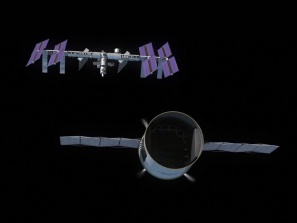 Computer illustration showing a Dragon spacecraft approaching the ISS. Image credit: SpaceX.