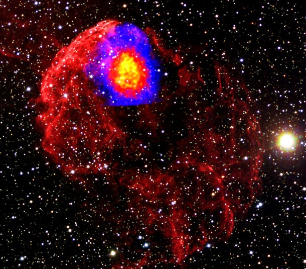 n a supernova remnant known as the Jellyfish Nebula, Suzaku detected X-rays from fully ionized silicon and sulfur -- an imprint of higher-temperature conditions immediately following the star's explosion. The nebula is about 65 light-years across. Credit: JAXA/NASA n a supernova remnant known as the Jellyfish Nebula, Suzaku detected X-rays from fully ionized silicon and sulfur -- an imprint of higher-temperature conditions immediately following the star's explosion. The nebula is about 65 light-years across. Credit: JAXA/NASA