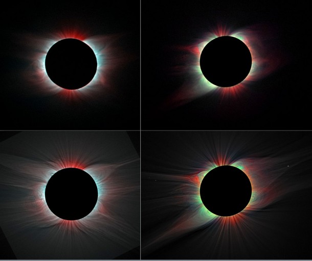 These images of the solar corona are color overlays of the emission from highly ionized iron lines for the 2006 eclipse (left column) and 2008 eclipse (right column), with white-light images added in the bottom row. Credit: Habbal, et al. These images of the solar corona are color overlays of the emission from highly ionized iron lines for the 2006 eclipse (left column) and 2008 eclipse (right column), with white-light images added in the bottom row. Credit: Habbal, et al.