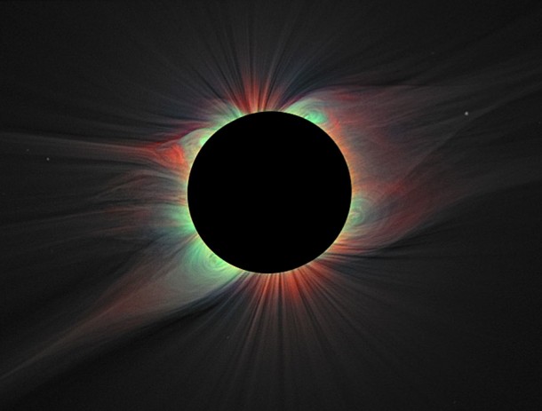 This image of the solar corona contains a color overlay of the emission from highly ionized iron lines and white light taken of the 2008 eclipse. Credit: Habbal, et al. This image of the solar corona contains a color overlay of the emission from highly ionized iron lines and white light taken of the 2008 eclipse. Credit: Habbal, et al.