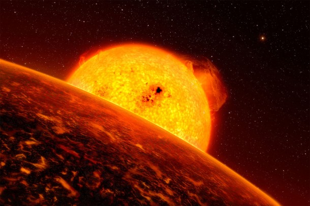 This artist's impression shows sunrise over CoRoT-7b, the smallest-known exoplanet. The world is about 70 percent larger than Earth. Now, a team led by Brian Jackson at NASA's Goddard Space Flight Center finds that the planet may be the rocky remains of a gas giant planet whose atmosphere was evaporated by close proximity to the star. Credit: ESO/L. Calçada This artist's impression shows sunrise over CoRoT-7b, the smallest-known exoplanet. The world is about 70 percent larger than Earth. Now, a team led by Brian Jackson at NASA's Goddard Space Flight Center finds that the planet may be the rocky remains of a gas giant planet whose atmosphere was evaporated by close proximity to the star. Credit: ESO/L. Calçada