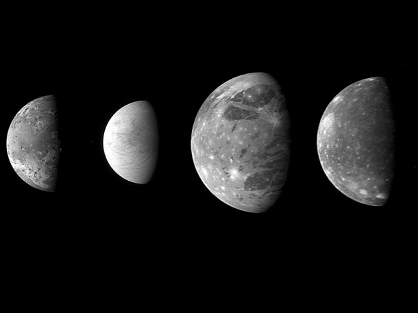 Jupiter's Moons Io, Europa, Ganymede and Callisto the so-called Galilean satellites. Credit: NASA/JHU-APL/Southwest Research Institute Jupiter's Moons Io, Europa, Ganymede and Callisto the so-called Galilean satellites. Credit: NASA/JHU-APL/Southwest Research Institute