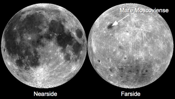 Mosaics from the Clementine mission showing the lunar near side and lunar far side, with the location of Mare Moscoviense highlighted. Credit: U.S. Geological Survey/Arizona State University Mosaics from the Clementine mission showing the lunar near side and lunar far side, with the location of Mare Moscoviense highlighted. Credit: U.S. Geological Survey/Arizona State University