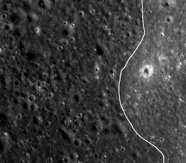 A very subtle mare-highlands boundary in Mare Moscoviense on the lunar farside, near the center of the Constellation Program region of interest. The generalized geologic contact between the mare and the highlands has been highlighted (mare to the left, highlands to the right). Image width is 1.8 km. Credit: NASA A very subtle mare-highlands boundary in Mare Moscoviense on the lunar farside, near the center of the Constellation Program region of interest. The generalized geologic contact between the mare and the highlands has been highlighted (mare to the left, highlands to the right). Image width is 1.8 km. Credit: NASA