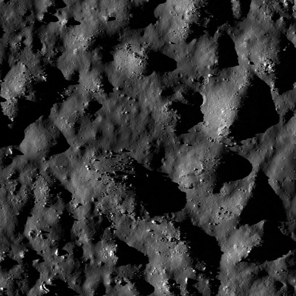Boulders and impact melt line the floor of the 85-km crater Tycho, a potential site for future exploration. Scene width is 620 meters. Credit: NASA Boulders and impact melt line the floor of the 85-km crater Tycho, a potential site for future exploration. Scene width is 620 meters. Credit: NASA