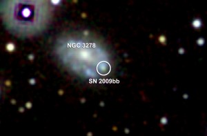 In March 2009, NASA's Swift observed the supernova SN 2009bb in the spiral galaxy NGC 3278. The explosion is apparent in visible light, but not at ultraviolet and X-ray energies, and satellites recorded no gamma-ray burst. Nevertheless, particle jets reaching 85 percent of the speed of light accompanied the explosion. Image Credit: NASA, Swift, Stefan Immler In March 2009, NASA's Swift observed the supernova SN 2009bb in the spiral galaxy NGC 3278. The explosion is apparent in visible light, but not at ultraviolet and X-ray energies, and satellites recorded no gamma-ray burst. Nevertheless, particle jets reaching 85 percent of the speed of light accompanied the explosion. Image Credit: NASA, Swift, Stefan Immler