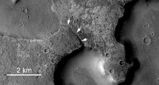 NASA Context Camera image of depressions interpreted as ancient lake basins. Credit: NASA