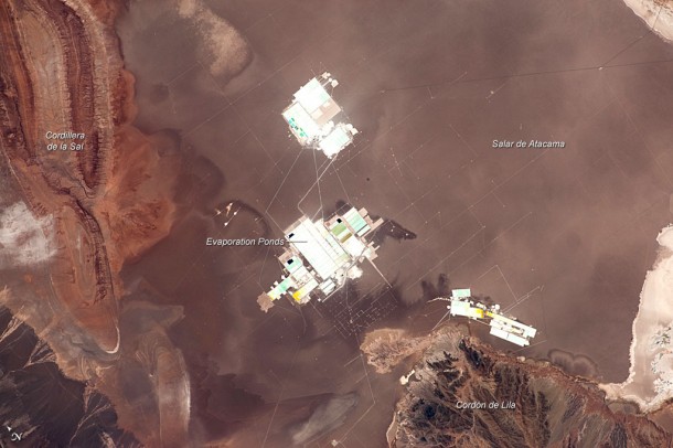 Evaporation Ponds, Salar de Atacama, Chile as Seen from Space. Credit: NASA Evaporation Ponds, Salar de Atacama, Chile as Seen from Space. Credit: NASA