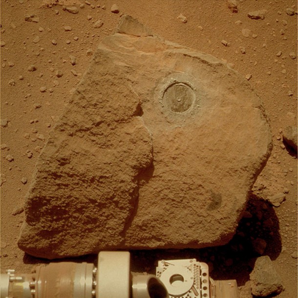 Opportunity leaves a mark on the Marquette Island rock on Mars. Credit: NASA/JPL/U of AZ, colorization by Stuart Atkinson Opportunity leaves a mark on the Marquette Island rock on Mars. Credit: NASA/JPL/U of AZ, colorization by Stuart Atkinson