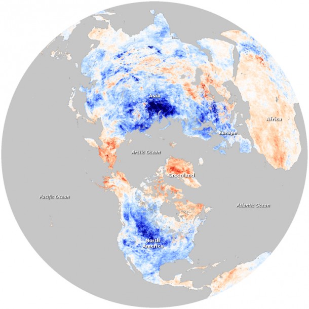 NorthHemLSTanom_TMO_200912 the impact of the negative Arctic Oscillation on land surface temperatures throughout the Northern Hemisphere as observed by the Moderate Resolution Imaging Spectroradiometer (MODIS) on NASA’s Terra satellite.