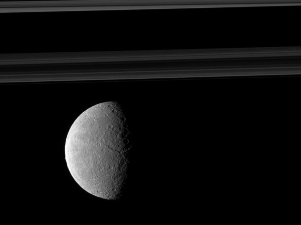 Saturn's Moon Rhea's shows off Wispy Terrain. Credit: NASA/JPL Saturn's Moon Rhea's shows off Wispy Terrain. Credit: NASA/JPL