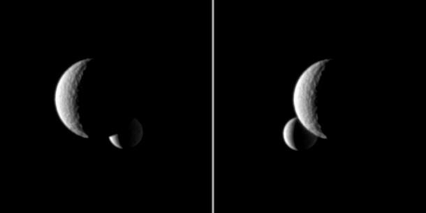 The moon Enceladus passes behind the larger moon Tethys. Credit: NASA/JPL The moon Enceladus passes behind the larger moon Tethys. Credit: NASA/JPL