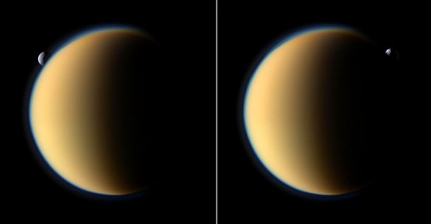 Saturn's moon Tethys with its prominent Odysseus Crater silently slips behind Saturn's largest moon Titan and then emerges on the other side. Credit:NASA/JPL Saturn's moon Tethys with its prominent Odysseus Crater silently slips behind Saturn's largest moon Titan and then emerges on the other side. Credit:NASA/JPL
