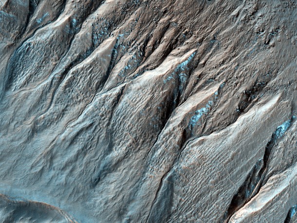 Gullies on the Exterior Wall of a Martian Crater. Credit: NASA Gullies on the Exterior Wall of a Martian Crater. Credit: NASA