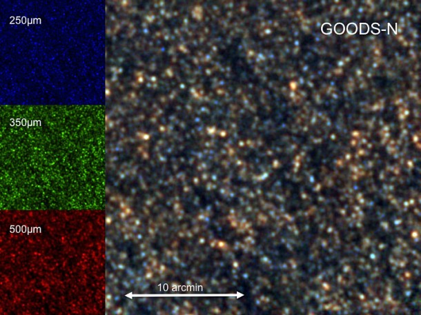 The SPIRE camera has three arrays operating at different wavelengths and the image from each of these is rendered in red, blue or green. Then the three images are combined to form a single false color image. Credit: Gaelen Marsden, UBC The SPIRE camera has three arrays operating at different wavelengths and the image from each of these is rendered in red, blue or green. Then the three images are combined to form a single false color image. Credit: Gaelen Marsden, UBC