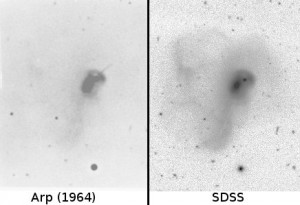 Arp 192 from his publication (left) compared to SDSS image (right). Prominent jet in upper right is present in Arp's image is missing from modern images. Arp 192 from his publication (left) compared to SDSS image (right). Prominent jet in upper right is present in Arp's image is missing from modern images.