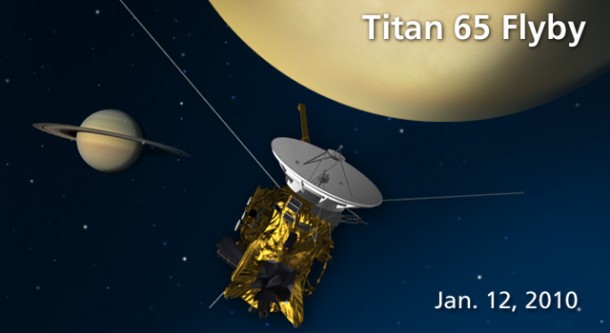 Artist's concept of Cassini's Jan. 12, 2009, flyby of Titan. Image credit: NASA/JPL Artist's concept of Cassini's Jan. 12, 2009, flyby of Titan. Image credit: NASA/JPL