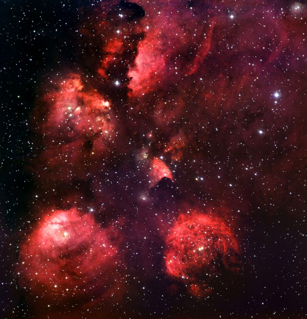 The Cat’s Paw Nebula (NGC 6334) is a vast region of star formation. This new portrait of NGC 6334 was created from images taken with the Wide Field Imager instrument at the 2.2-metre MPG/ESO telescope at the La Silla Observatory in Chile, combining images taken through blue, green and red filters, as well as a special filter designed to let through the light of glowing hydrogen. Credit: ESO The Cat’s Paw Nebula (NGC 6334) is a vast region of star formation. This new portrait of NGC 6334 was created from images taken with the Wide Field Imager instrument at the 2.2-metre MPG/ESO telescope at the La Silla Observatory in Chile, combining images taken through blue, green and red filters, as well as a special filter designed to let through the light of glowing hydrogen. Credit: ESO
