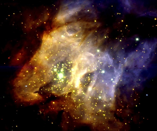 Star cluster RCW38 was hiding. This open cluster of stars is located about 5000 light years away towards the constellation of Vela. Credit: ESO Star cluster RCW38 was hiding. This open cluster of stars is located about 5000 light years away towards the constellation of Vela. Credit: ESO