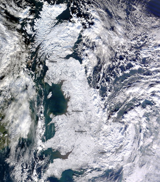 Big Snowfall Across Great Britain As Seen From Space. Credit: NASA