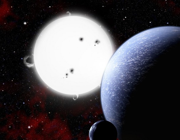 In this artist's conception, a hypothetical alien world and its moon orbit a hot, massive, type B star. Due to the short lifetime of such a star, complex life is unlikely to be found there. Credit: David A. Aguilar, CfA In this artist's conception, a hypothetical alien world and its moon orbit a hot, massive, type B star. Due to the short lifetime of such a star, complex life is unlikely to be found there. Credit: David A. Aguilar, CfA