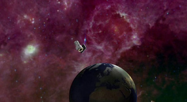 This artist's conception shows NASA's Wide-field Infrared Survey Explorer, or WISE, mapping the whole sky in infrared. The mission will unveil hundreds of thousands of asteroids, and hundreds of millions of stars and galaxies. Image credit: Ball/NASA/JPL-Caltech This artist's conception shows NASA's Wide-field Infrared Survey Explorer, or WISE, mapping the whole sky in infrared. The mission will unveil hundreds of thousands of asteroids, and hundreds of millions of stars and galaxies. Image credit: Ball/NASA/JPL-Caltech