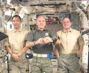 Expedition 22 Commander Jeff Williams (center) and Flight Engineers Soichi Noguchi (left) and T.J. Creamer answer questions from students in the Troy, Michigan School District. Credit: NASA TV Expedition 22 Commander Jeff Williams (center) and Flight Engineers Soichi Noguchi (left) and T.J. Creamer answer questions from students in the Troy, Michigan School District. Credit: NASA TV