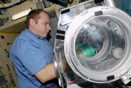 Expedition 22 Flight Engineer Oleg Kotov works with samples from the bioscience experiment ASEPTIC (BTKh-39) in the Russian Glavboks-S (Glovebox) in the Zvezda service module of the International Space Station. Credit: NASA Expedition 22 Flight Engineer Oleg Kotov works with samples from the bioscience experiment ASEPTIC (BTKh-39) in the Russian Glavboks-S (Glovebox) in the Zvezda service module of the International Space Station. Credit: NASA