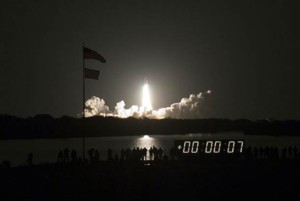 Media gathered on the bank of the turn basin at NASA's Kennedy Space Center in Florida are witness to space shuttle Endeavour's lift off from Launch Pad 39A. Credit: NASA Media gathered on the bank of the turn basin at NASA's Kennedy Space Center in Florida are witness to space shuttle Endeavour's lift off from Launch Pad 39A. Credit: NASA