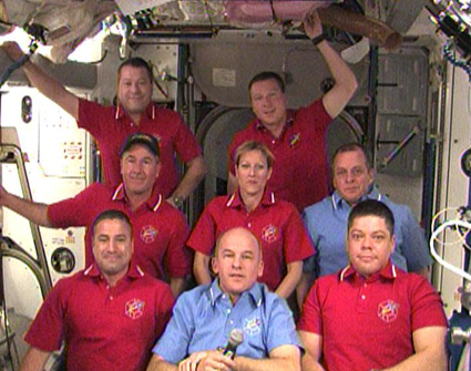 Members of the STS-130 and Expedition 22 crews participate in interviews with the media. Image credit: NASA TV Members of the STS-130 and Expedition 22 crews participate in interviews with the media. Image credit: NASA TV