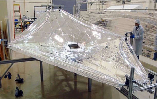 Photo of the 1/3 scale sunshield membranes undergoing final inspection at the Nexolve facility in Hunstville, Ala. Credit: Nexvolve Photo of the 1/3 scale sunshield membranes undergoing final inspection at the Nexolve facility in Hunstville, Ala. Credit: Nexvolve