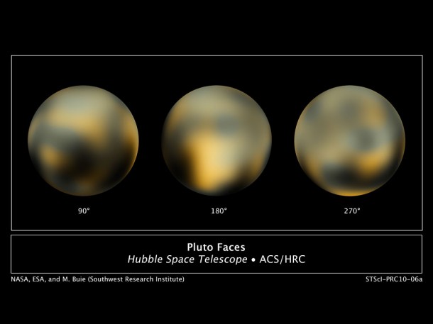 This is the most detailed view to date of the entire surface of the dwarf planet Pluto, as constructed from multiple NASA Hubble Space Telescope photographs taken from 2002 to 2003. The center disk (180 degrees) has a mysterious bright spot that is unusually rich in carbon monoxide frost. Pluto is so small and distant that the task of resolving the surface is as challenging as trying to see the markings on a soccer ball 40 miles away. Credit: NASA, ESA, and M. Buie (Southwest Research Institute). Photo No. STScI-PR10-06a This is the most detailed view to date of the entire surface of the dwarf planet Pluto, as constructed from multiple NASA Hubble Space Telescope photographs taken from 2002 to 2003. The center disk (180 degrees) has a mysterious bright spot that is unusually rich in carbon monoxide frost. Pluto is so small and distant that the task of resolving the surface is as challenging as trying to see the markings on a soccer ball 40 miles away. Credit: NASA, ESA, and M. Buie (Southwest Research Institute). Photo No. STScI-PR10-06a