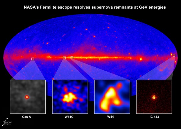 Fermi's Large Area Telescope resolved GeV gamma rays from supernova remnants of different ages and in different environments. W51C, W44 and IC 443 are middle-aged remnants between 4,000 and 30,000 years old. Cassiopeia A, which is only 330 years old, appears as a point source. Credit: NASA/DOE/Fermi LAT Collaboration Fermi's Large Area Telescope resolved GeV gamma rays from supernova remnants of different ages and in different environments. W51C, W44 and IC 443 are middle-aged remnants between 4,000 and 30,000 years old. Cassiopeia A, which is only 330 years old, appears as a point source. Credit: NASA/DOE/Fermi LAT Collaboration