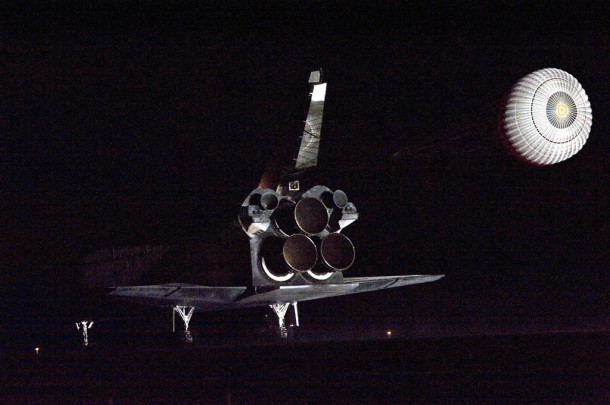 Darkness enshrouded space shuttle Endeavour as it touched down. Image Credit: NASA/Tom Joseph Darkness enshrouded space shuttle Endeavour as it touched down. Image Credit: NASA/Tom Joseph