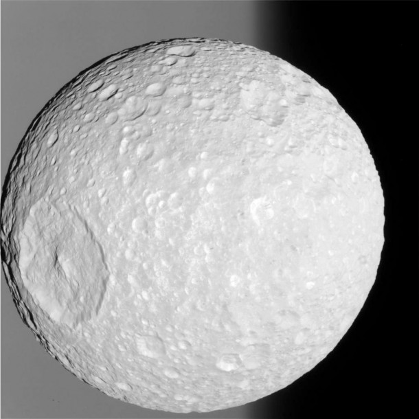 Cassini's Mimas, from 70,000 km (unprocessed image; credit: NASA/JPL/Space Science Institute) Cassini's Mimas, from 70,000 km (unprocessed image; credit: NASA/JPL/Space Science Institute)