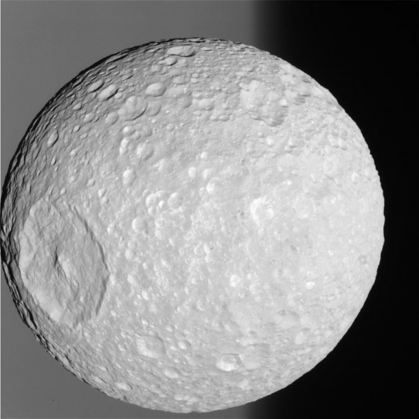 Close-Up of Saturnian moon Mimas. Credit: NASA/JPL Close-Up of Saturnian moon Mimas. Credit: NASA/JPL