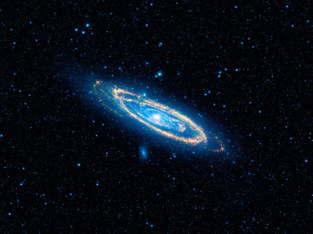 The immense Andromeda galaxy, also known as Messier 31 or simply M31, is captured in full in this new image from NASA's Wide-field Infrared Survey Explorer, or WISE. Image credit: NASA/JPL-Caltech/UCLA The immense Andromeda galaxy, also known as Messier 31 or simply M31, is captured in full in this new image from NASA's Wide-field Infrared Survey Explorer, or WISE. Image credit: NASA/JPL-Caltech/UCLA
