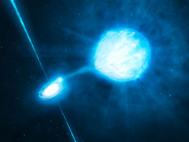 This artist’s impression depicts the newly discovered stellar-mass black hole in the spiral galaxy NGC 300. The black hole has a mass of about twenty times the mass of the Sun and is associated with a Wolf–Rayet star; a star that will become a black hole itself. Credit: ESO This artist’s impression depicts the newly discovered stellar-mass black hole in the spiral galaxy NGC 300. The black hole has a mass of about twenty times the mass of the Sun and is associated with a Wolf–Rayet star; a star that will become a black hole itself. Credit: ESO