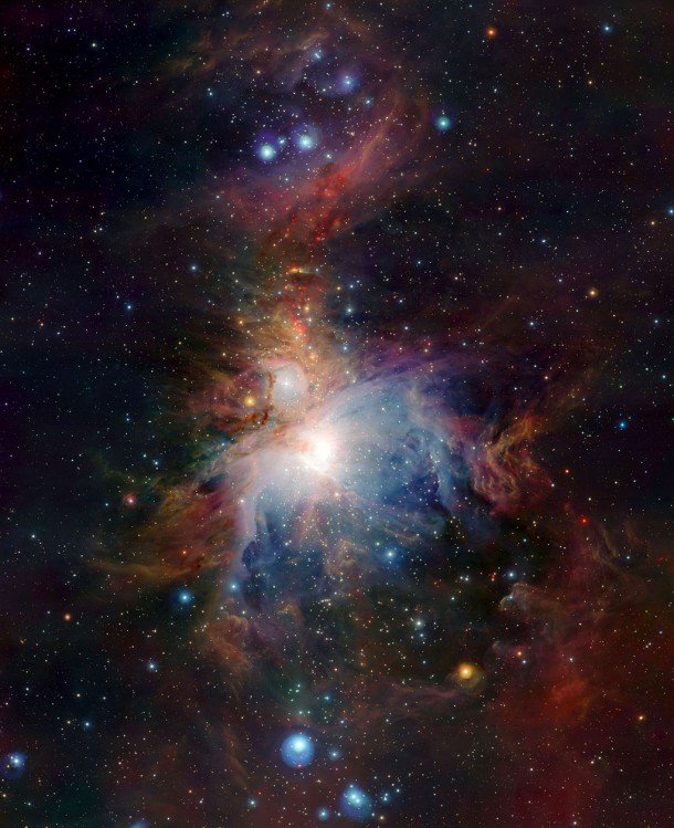 This wide-field view of the Orion Nebula (Messier 42), lying about 1350 light-years from Earth, was taken with the VISTA infrared survey telescope at ESO’s Paranal Observatory in Chile. Credit: ESO This wide-field view of the Orion Nebula (Messier 42), lying about 1350 light-years from Earth, was taken with the VISTA infrared survey telescope at ESO’s Paranal Observatory in Chile. Credit: ESO