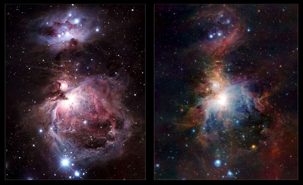 Infrared/visible comparison of the full VISTA Orion Nebula image. Credit: ESO