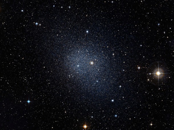 The Fornax dwarf galaxy is one of our Milky Way’s neighbouring dwarf galaxies. The Milky Way is, like all large galaxies, thought to have formed from smaller galaxies in the early days of the Universe. These small galaxies should also contain many very old stars, just as the Milky Way does, and a team of astronomers has now shown that this is indeed the case. This image was composed from data from the Digitized Sky Survey 2. Credit: ESO/Digitized Sky Survey 2 The Fornax dwarf galaxy is one of our Milky Way’s neighbouring dwarf galaxies. The Milky Way is, like all large galaxies, thought to have formed from smaller galaxies in the early days of the Universe. These small galaxies should also contain many very old stars, just as the Milky Way does, and a team of astronomers has now shown that this is indeed the case. This image was composed from data from the Digitized Sky Survey 2. Credit: ESO/Digitized Sky Survey 2
