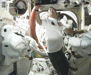 Expedition 22 Flight Engineer Soichi Noguchi performs maintenance on the cooling loops in the U.S. spacesuits housed in the International Space Station’s Quest airlock. Credit: NASA TV Expedition 22 Flight Engineer Soichi Noguchi performs maintenance on the cooling loops in the U.S. spacesuits housed in the International Space Station’s Quest airlock. Credit: NASA TV
