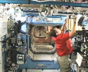 Expedition 23 Flight Engineer Soichi Noguchi works in the International Space Station’s U.S. Destiny laboratory. Credit: NASA TV Expedition 23 Flight Engineer Soichi Noguchi works in the International Space Station’s U.S. Destiny laboratory. Credit: NASA TV