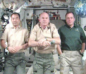 Expedition 22 Commander Jeff Williams (center) and Flight Engineers Soichi Noguchi and T.J. Creamer conduct a conference with reporters on the ground Friday morning. Credit: NASA TV Expedition 22 Commander Jeff Williams (center) and Flight Engineers Soichi Noguchi and T.J. Creamer conduct a conference with reporters on the ground Friday morning. Credit: NASA TV