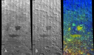 Image 3: Three views of the Apollo Basin taken with NASA’s Moon Mineralogy Mapper instrument on board India’s Chandrayaan-1 spacecraft. The false-color image on the right reveals composition; the blues indicate surfaces that don't have as much iron in them (highlands crusts which are low in iron in blue); other colors (teals, yellows, and oranges) indicate more iron-bearing minerals. Credit: NASA/Indian Space Research Organization Image 3: Three views of the Apollo Basin taken with NASA’s Moon Mineralogy Mapper instrument on board India’s Chandrayaan-1 spacecraft. The false-color image on the right reveals composition; the blues indicate surfaces that don't have as much iron in them (highlands crusts which are low in iron in blue); other colors (teals, yellows, and oranges) indicate more iron-bearing minerals. Credit: NASA/Indian Space Research Organization