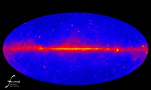 This view of the gamma-ray sky is constructed from one year of Fermi Large Area Telescope (LAT) observations. The blue color includes the extragalactic gamma-ray background. The map shows the rate at which the LAT detects gamma rays with energies above 300 million electron volts -- about 120 million times the energy of visible light -- from different sky directions. Brighter colors represent higher rates. Credit: NASA/DOE/Fermi LAT Collaboration This view of the gamma-ray sky is constructed from one year of Fermi Large Area Telescope (LAT) observations. The blue color includes the extragalactic gamma-ray background. The map shows the rate at which the LAT detects gamma rays with energies above 300 million electron volts -- about 120 million times the energy of visible light -- from different sky directions. Brighter colors represent higher rates. Credit: NASA/DOE/Fermi LAT Collaboration