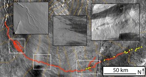 Details from the Ascraeus channel (red), meandering across the surface of Mars. The insets in the black boxes show close-ups of some of the structures that lava can form: (left) branched channels, (middle) a snaking channel and (right) rootless vents; the rootless vents are also marked by yellow spots on the main image. Credit: Jacob Bleacher Details from the Ascraeus channel (red), meandering across the surface of Mars. The insets in the black boxes show close-ups of some of the structures that lava can form: (left) branched channels, (middle) a snaking channel and (right) rootless vents; the rootless vents are also marked by yellow spots on the main image. Credit: Jacob Bleacher