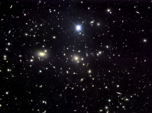 The Coma Galaxy Cluster, also known as Abell 1656, is more than 300 million light-years away and is named for its parent constellation, Coma Berenices. It appears to participate in the dark flow. Credit: Jim Misti (Misti Mountain Observatory) The Coma Galaxy Cluster, also known as Abell 1656, is more than 300 million light-years away and is named for its parent constellation, Coma Berenices. It appears to participate in the dark flow. Credit: Jim Misti (Misti Mountain Observatory)