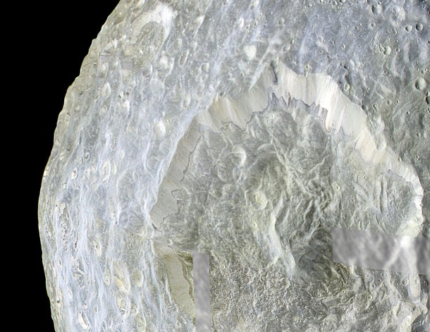 Subtle color differences on Saturn's moon Mimas are apparent in this false-color view of Herschel Crater. Credit: NASA/JPL/Space Science Institute Subtle color differences on Saturn's moon Mimas are apparent in this false-color view of Herschel Crater. Credit: NASA/JPL/Space Science Institute