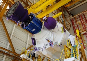 The cryogenic core stage for Arianespace’s second Ariane 5 launch of 2010 is prepared for its erection The cryogenic core stage for Arianespace’s second Ariane 5 launch of 2010 is prepared for its erection